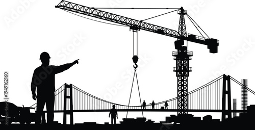 Construction site silhouette with engineer pointing at bridge project and tower crane for civil engineering infrastructure development and industrial management