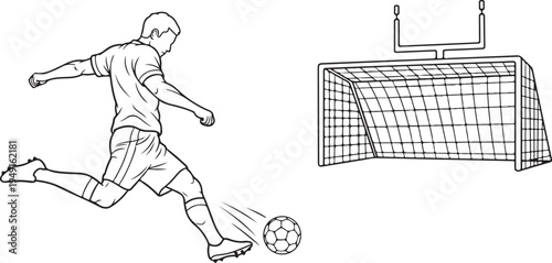 Vector illustration of soccer player kicking ball towards goal