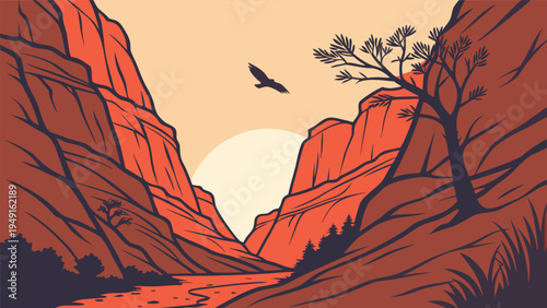 Dramatic Grand Canyon landscape vector illustration with a soaring eagle, vibrant orange and red rock formations, a winding river, and a setting sun, perfect for travel and adventure designs.