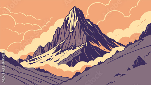 Majestic Mountain Peak Vector Illustration with Orange Sky and Clouds, Ideal for Nature-Themed Designs, Adventure Websites, or Travel Brochures