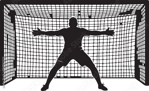 Silhouette of soccer goalkeeper in front of goal net vector