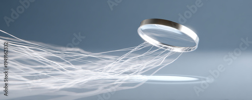 Luminous magnifying glass hovering over flowing web of white data streams, illuminating interconnected digital network with focused clarity