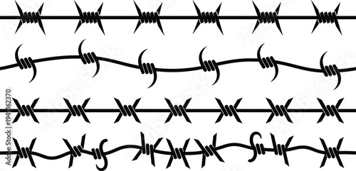 Barbed wire fence vector illustration collection featuring sharp metal spikes security boundary elements black silhouette icons isolated on white background for protection