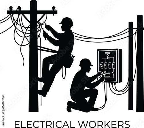 Black silhouette of electrical line workers repairing power lines and control panels on utility poles for industrial maintenance vector graphic illustration