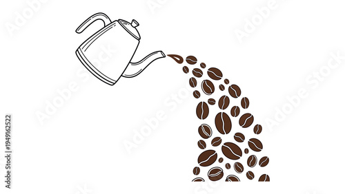 Coffee Bean Cascade: A whimsical illustration of a kettle pouring a stream of coffee beans, creating a dynamic visual narrative of flavor and aroma. 