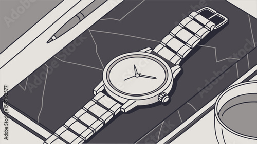 Monochromatic vector illustration of a classic silver wristwatch with a metal strap, resting on a dark notebook beside a pen and coffee cup, ideal for business, time management