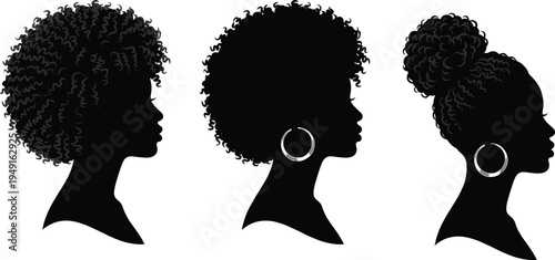 African woman silhouette collection with natural afro hairstyles, female profile portraits with curly hair and bun, black beauty illustration isolated on light background