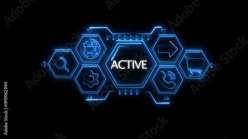 Bright blue neon digital interface featuring the word ACTIVE in a central hexagon with surrounding technological on a black canvas