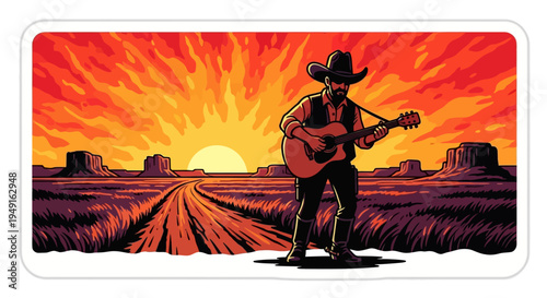 Cowboy playing guitar in a vibrant desert sunset landscape