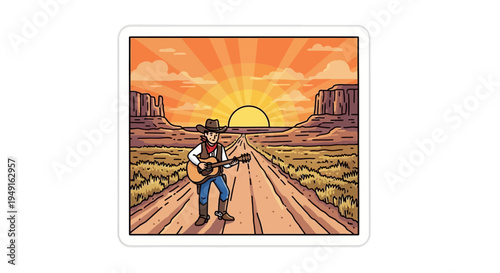 Cowboy playing guitar on a desert road at sunset.