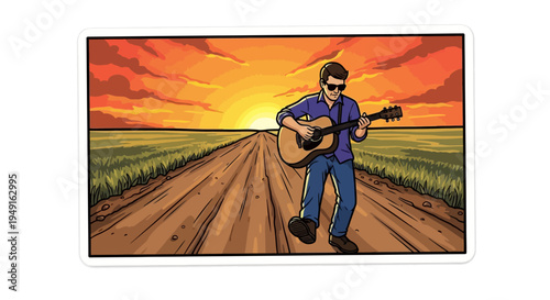 Man walks down a road playing guitar at sunset