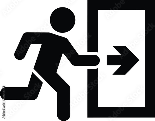 A stark black pictogram shows a stick figure rushing through a doorway marked with an exit arrow, indicating emergency.