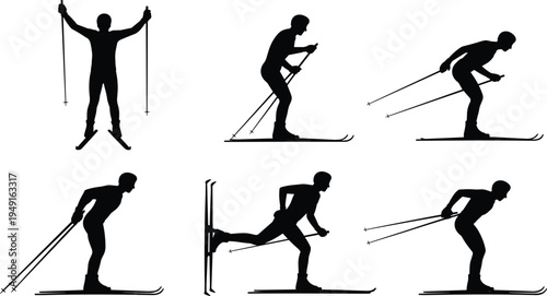 Cross country skier silhouette set isolated on white background, winter sport athlete skiing with poles black vector illustration collection