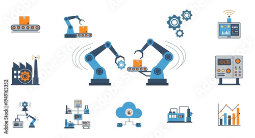 Robotic Arms and Automation Icons Representing Modern Manufacturing.