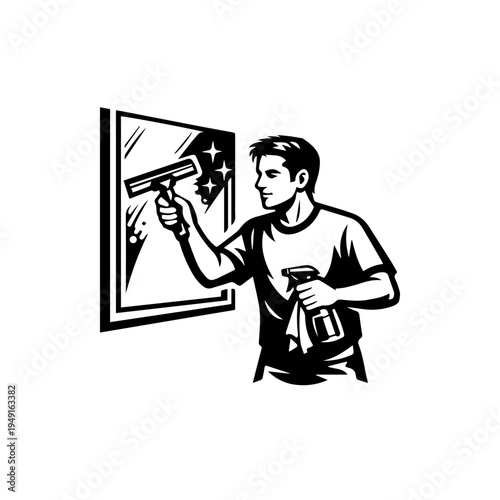 High-quality illustration of a man cleaning a window using a squeegee and spray, perfect for professional cleaning services and maintenance.