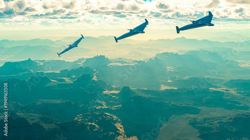 The HESA Shahed 136 is an Iranian loitering munition in the form of an autonomous pusher-prop drone. Drones flying at sunset. Sensitive targets, attack.