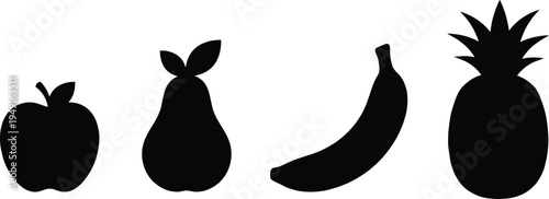 Fruit silhouette set with apple, pear, banana and pineapple, black healthy food icons collection isolated on light background, simple fruit illustration design