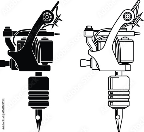 Tattoo machine set with coil gun icons, professional body art equipment, ink needle tool, cad drawing flat vector illustration, tattoo studio supplies.