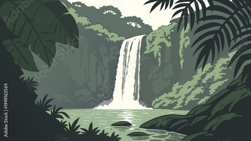 Lush Tropical Jungle Waterfall Vector Illustration with Green Foliage and Serene Water, Ideal for Nature-Themed Designs and Backgrounds