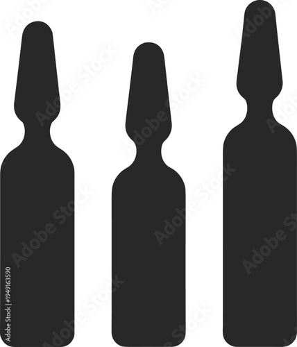 Medical ampoule bottle silhouettes set isolated on white background, black vector illustration of glass injection vial container healthcare design elements