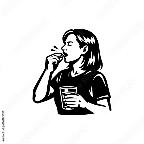 A graphic illustration of a woman swallowing a pill or vitamin and holding a glass of water, representing medication, health, and supplements.