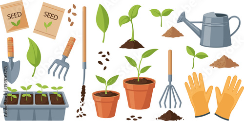 Seed Planting and Gardening Tools Vector Set Featuring Seed Packets, Pots, Watering Can, Gloves, and Trowels for Indoor and Outdoor Gardening