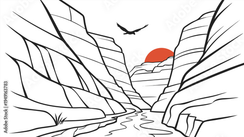 Minimalist black and white vector illustration of a majestic canyon landscape with a river flowing through, a setting sun, and a soaring bird, ideal for nature-themed designs.