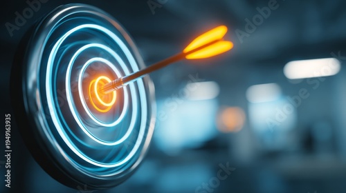 Futuristic neon target with glowing arrow blue light accuracy success focus achievement abstract technology motivation goal