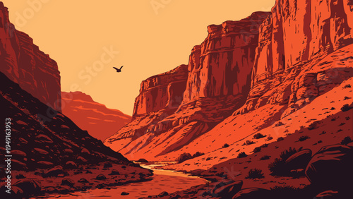 Dramatic vector illustration of a vast desert canyon with towering red rock formations and a winding river under an orange sky, featuring a lone bird in flight, perfect for travel, adventure