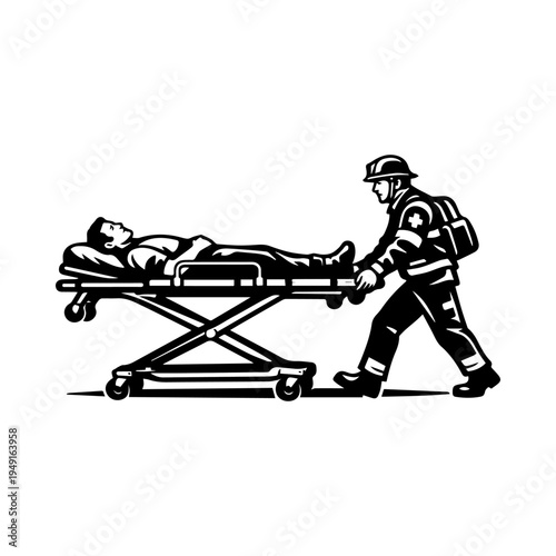Professional illustration of a paramedic or firefighter pushing a patient on a stretcher, depicting emergency medical services and rescue.