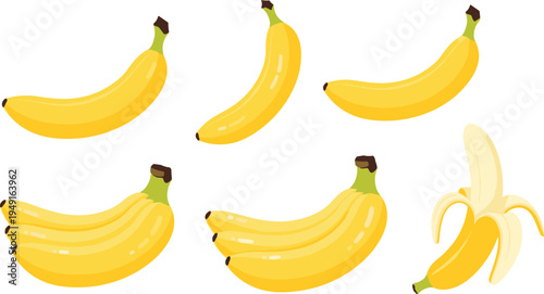 Banana fruit set whole bunch and peeled fresh tropical food vector illustration collection