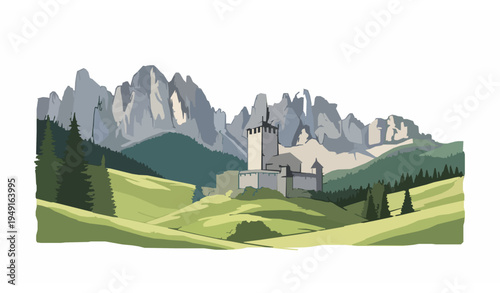 Castel Gardena Castle with Dolomite Mountains Landscape Vector Illustration Italy