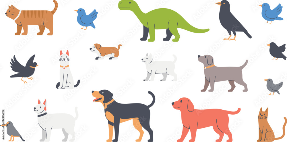 Obraz premium Cute animals collection, dog cat birds dinosaur vector illustration set featuring pets wildlife cartoon characters in flat minimalist style