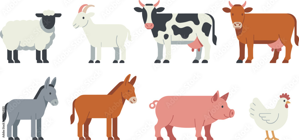 Obraz premium Farm animals vector collection, sheep goat cow donkey horse pig chicken cartoon illustration set of cute domestic livestock characters