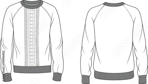 Detailed line of a white cable knit crew neck sweater with grey ribbed cuffs and collar, front and back views