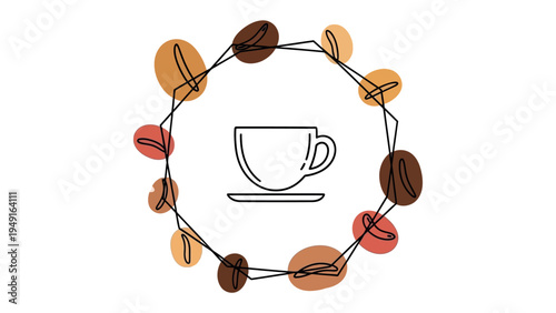 Aromatic Coffee Cup Design: An elegant and minimalist design features a central coffee cup enclosed by a decorative frame of coffee beans.