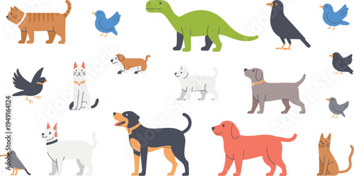 Cute animals collection, dog cat birds dinosaur vector illustration set featuring pets wildlife cartoon characters in flat minimalist style