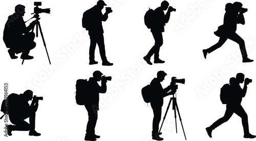 Photographer silhouette set with professional camera and tripod, male photojournalist shooting images isolated on white background, black vector collection illustration