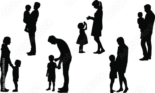 Diverse family silhouettes showcasing tender moments of parental care and childhood interactions against a clean white background
