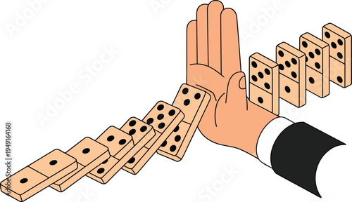 Domino effect prevention concept illustration, hand stopping falling domino chain reaction, business risk management strategy, crisis control leadership concept