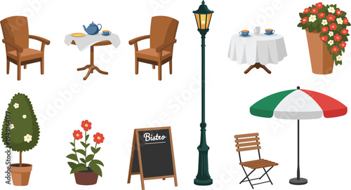 European street cafe furniture set, outdoor bistro table chair umbrella lamp flower plant vector illustration collection for restaurant terrace design