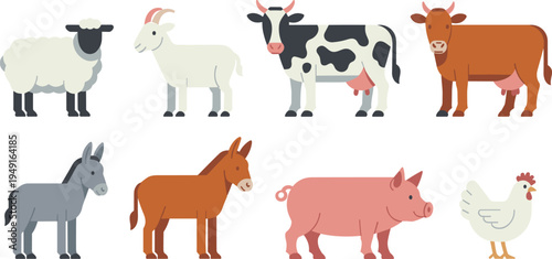 Farm animals vector collection, sheep goat cow donkey horse pig chicken cartoon illustration set of cute domestic livestock characters