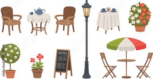European street cafe furniture set, outdoor bistro table chair umbrella lamp plant vector illustration collection for restaurant terrace design
