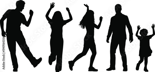 Diverse group of people in silhouette celebrating and dancing with raised arms in joyful expressions
