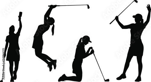 Dynamic female golfer silhouettes capturing various stages of the golf swing and celebration in a sporty athletic context on a white background