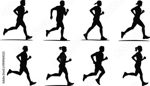 Running people silhouette set, men and women jogging in different poses isolated on white background black vector illustration collection