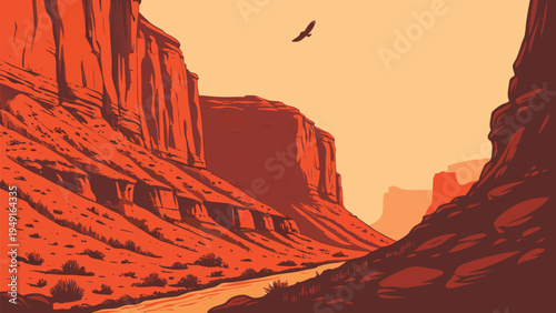 Vector canyon landscape illustration with river and cliffs