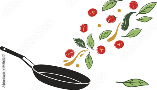 Dynamic vector illustration of a black frying pan with red tomatoes, green basil leaves, and yellow oil splashes cooking, perfect for food blogs, restaurant menus, and healthy eating concepts.