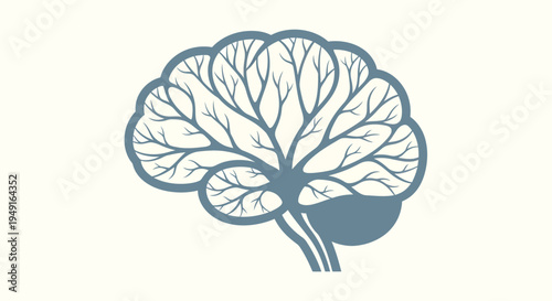 Outline of Human Brain with Tree-like Neural Network Pattern on Isolated White Background