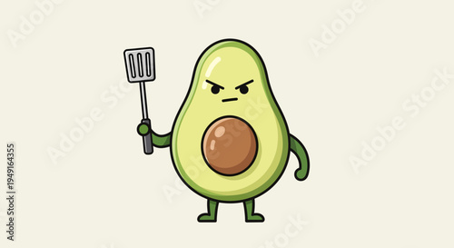 Angry Avocado Character Holding a Spatula on Light Yellow Background